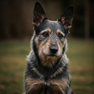 A Picardy Shepherd sits, head tipped, ears perked, eyes curious, as if listening intently.