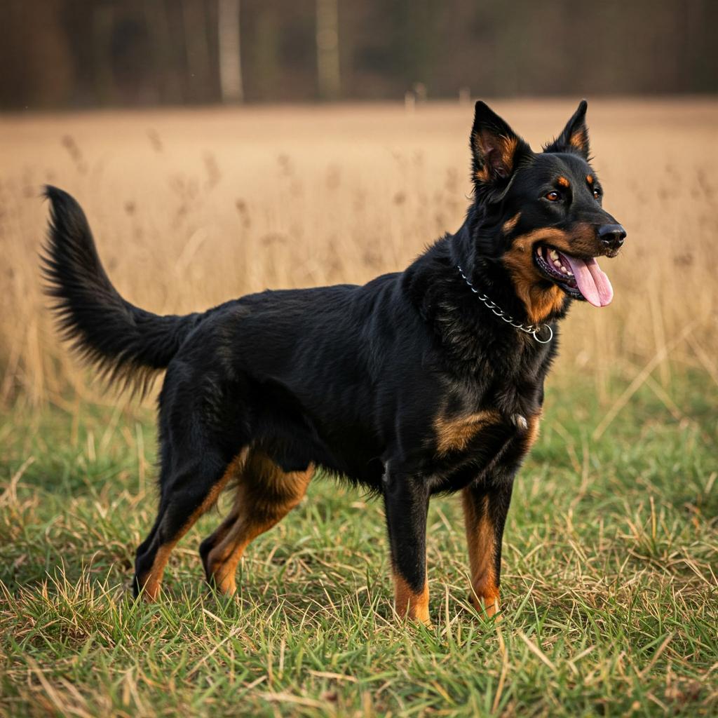 A Beauceron dog, showcasing its distinctive traits, stands proudly in a field of tall grass.