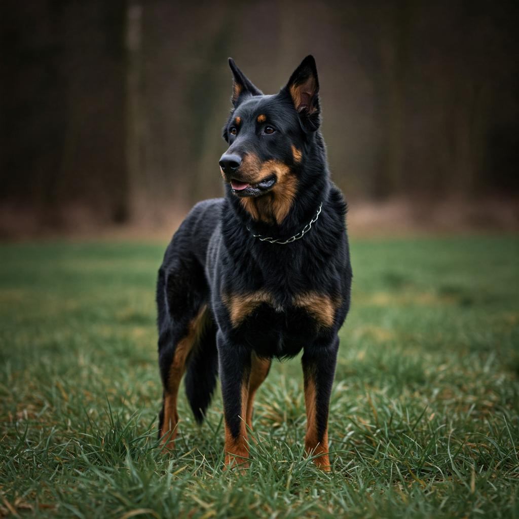 A majestic Beauceron dog, showcasing its striking black and tan coat and powerful build, stands majestically in a tranquil meadow.