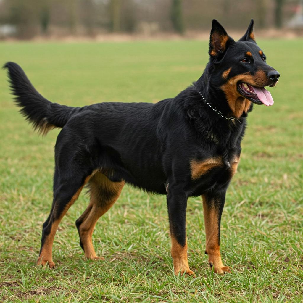 A Beauceron dog standing in a field, showcasing its powerful build and muscular physique.