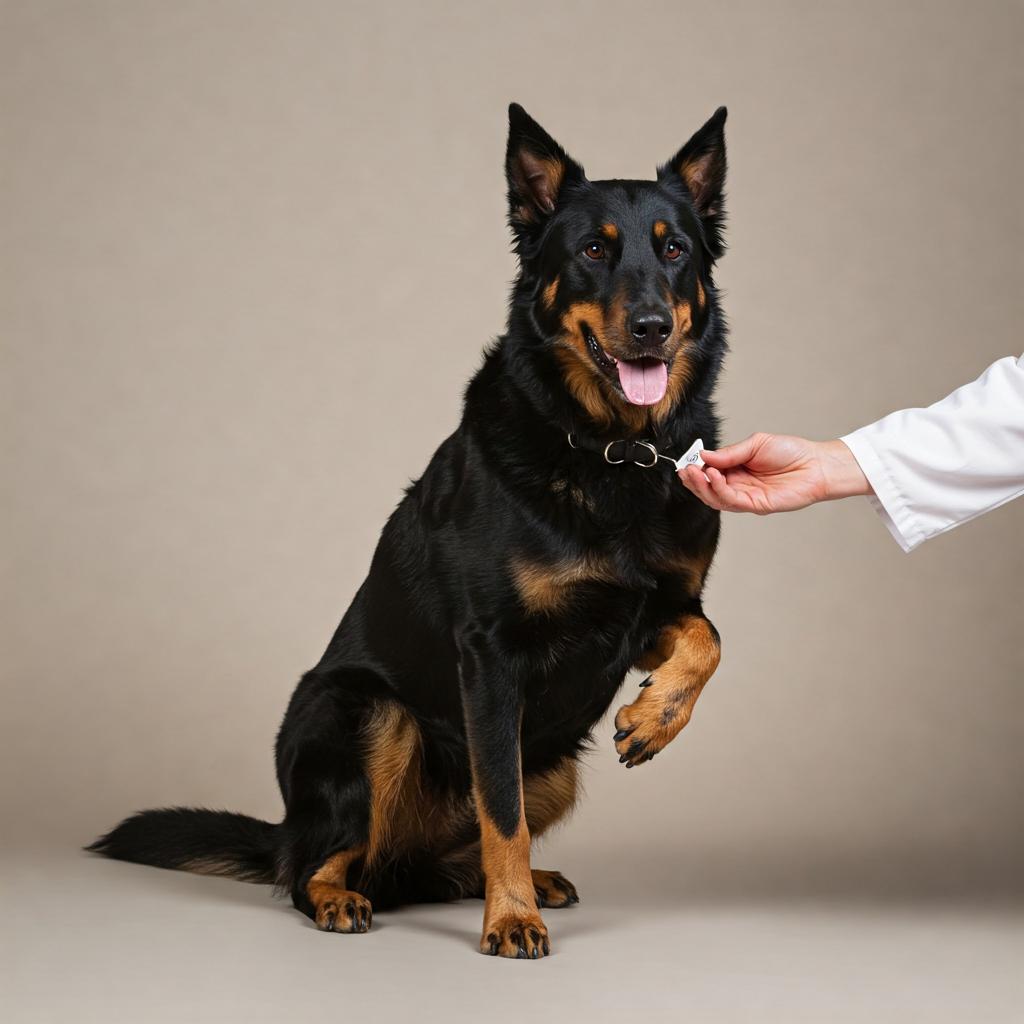 A Beauceron dog, in peak physical condition, stands attentively in a pose reminiscent of a medical professional.