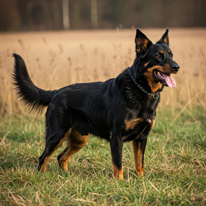 A Beauceron dog, showcasing its distinctive traits, stands proudly in a field of tall grass.