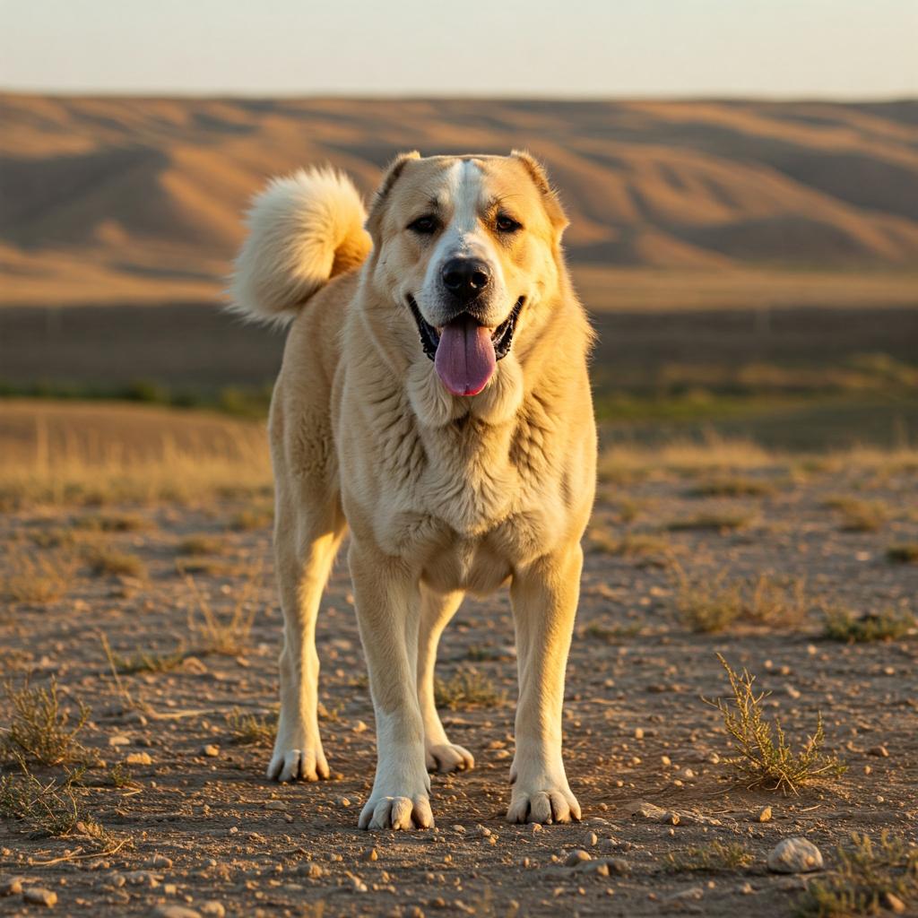 A striking portrait of a Central Asian Shepherd Dog with a thick, double coat of a light, sandy color. The dog's powerful physique is captured in a dynamic pose, possibly mid-stride, with its muscular legs and broad chest highlighted. The backdrop is a sprawling, arid landscape typical of its native region, with soft, golden light illuminating the scene. A shallow depth of field draws focus to the dog's imposing presence, while the surrounding elements create a sense of majesty and isolation. This image highlights the breed's protective nature and its resilience in challenging environments, perfectly encapsulating its essence as a traditional guardian breed of the Central Asian steppes.