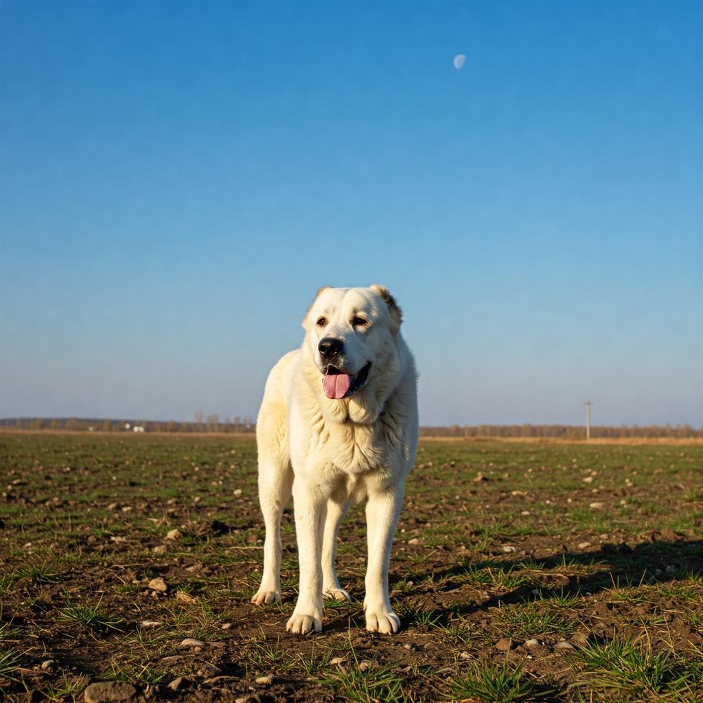 A Central Asian Shepherd Dog with a thick, white coat stands alertly in a vast, open field under a bright blue sky. The dog's powerful build is evident in its broad chest and sturdy legs, as it stares intently at something off-camera. The dog's powerful features and keen intelligence are captured in a sharp, detailed photo. A hint of sunlight casts a warm glow on the dog's fur, creating a dramatic contrast against the clear sky and vibrant greenery surrounding it. The photo is taken from a slightly low angle, allowing a full view of the dog's imposing stature. The scene evokes a sense of tranquility and vastness, showcasing the breed's inherent power and adaptability.