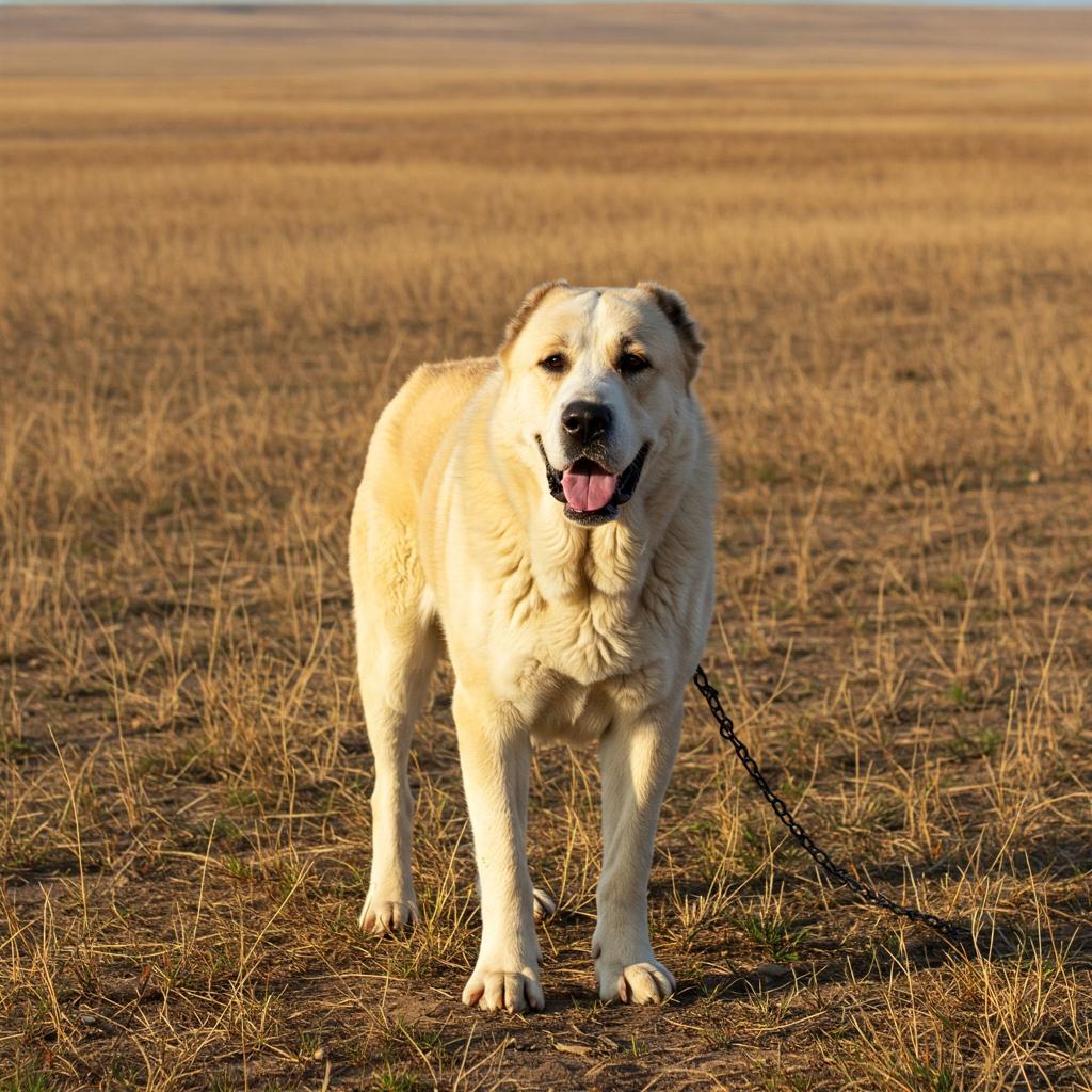 A striking image of a Central Asian Shepherd Dog captured in a wide shot, showcasing its imposing presence against a backdrop of a sun-drenched Central Asian steppe. The dog's thick, double coat, varying in shades of cream and grey, accentuates its powerful physique. Its alert gaze and powerful build are characteristic of the breed, bred for centuries to protect livestock. Its expression is intelligent and watchful, and the powerful musculature of its legs is evident, ready for any challenge. The image is captured at eye-level with natural light, and a wide angle lens, focusing on the dog and the endless expanse of the steppe, a testament to the breed's heritage and resilience.