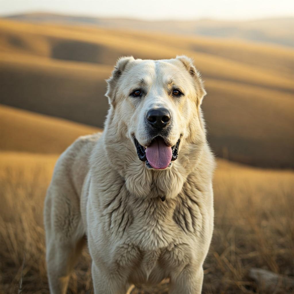 A portrait of a Central Asian Shepherd Dog with a thick, light grey fur coat, showcasing its strong and muscular physique. The dog is standing majestically, its head held high, giving off an impression of confidence and vigilance. The background is a blurred image of rolling hills, where the dog is typically found. The warm, natural light gently bathes the dog, emphasizing its powerful frame and majestic presence. This image was captured with a 50mm lens, and a shallow depth of field. The dog's gaze is direct, offering a glance that is both piercing and gentle, which is common for the breed. It's a cinematic style photo giving it a very high-quality feel.
