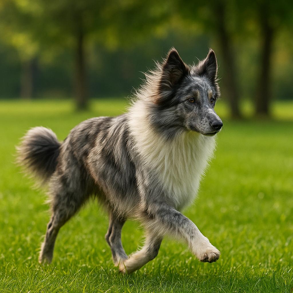 A lithe mountain shepherd vaults forward, its merle coat billowing in mid-leap; white ruff ripples, ears lift, and amber eyes glow with keen intent as verdant meadow blurs beneath swift paws.