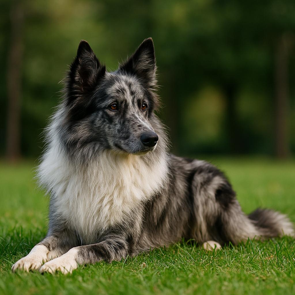 A lofty shepherd reclines on fresh grass, its ash-flecked merle coat softening into a lush white collar; steady amber eyes scan the scene, as shadowed trunks blur behind in tranquil hush.