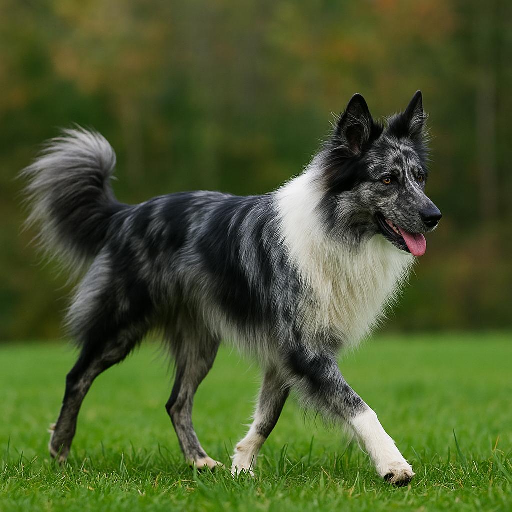 A lofty shepherd strides across emerald blades, its silvery merle coat rippling in motion; a thick white ruff frames eager amber eyes as a bushy tail arcs behind