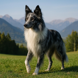 A tall alpine shepherd strides lightly on verdant turf, its cool-gray merle coat flowing into a full white ruff; keen amber eyes reflect the distant blue peaks under clear skies.