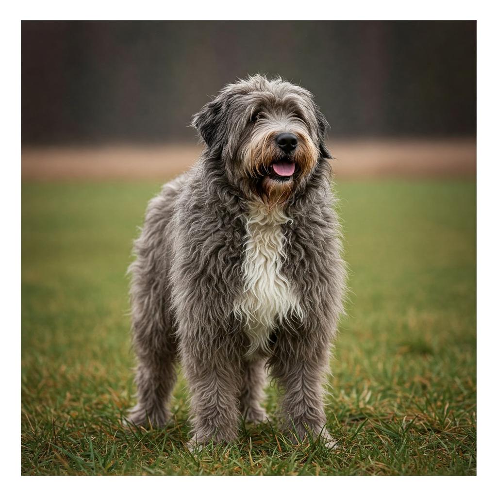A Bergamasco Sheepdog stands majestically in a wide, open field, bathed in soft natural light.