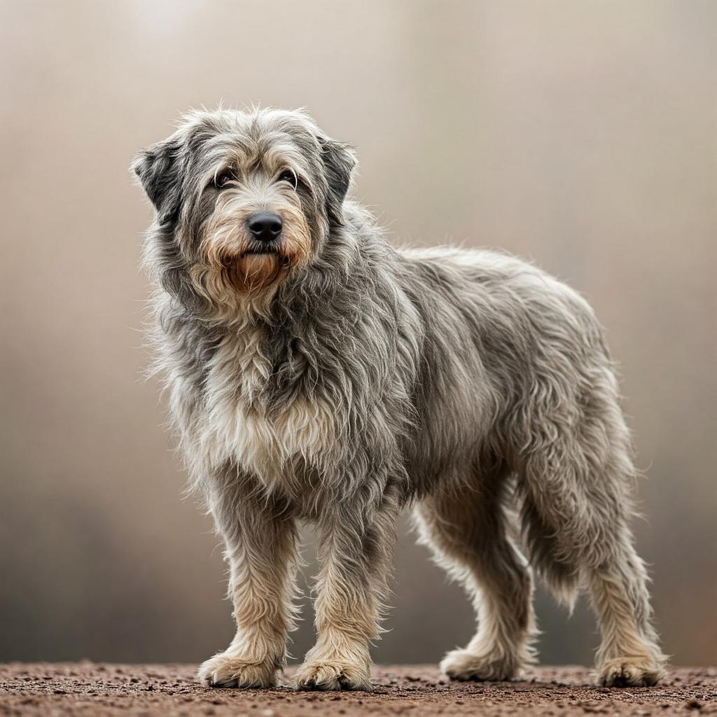 A Bergamasco Sheepdog stands majestically against a soft, blurred background, showcasing its unique, long, and matted coat.