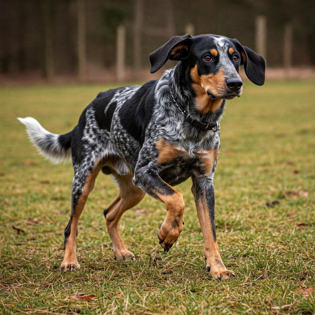 A handsome Bleu de Gascogne dog stands alert, showcasing its distinctive tricolor coat and noble bearing.