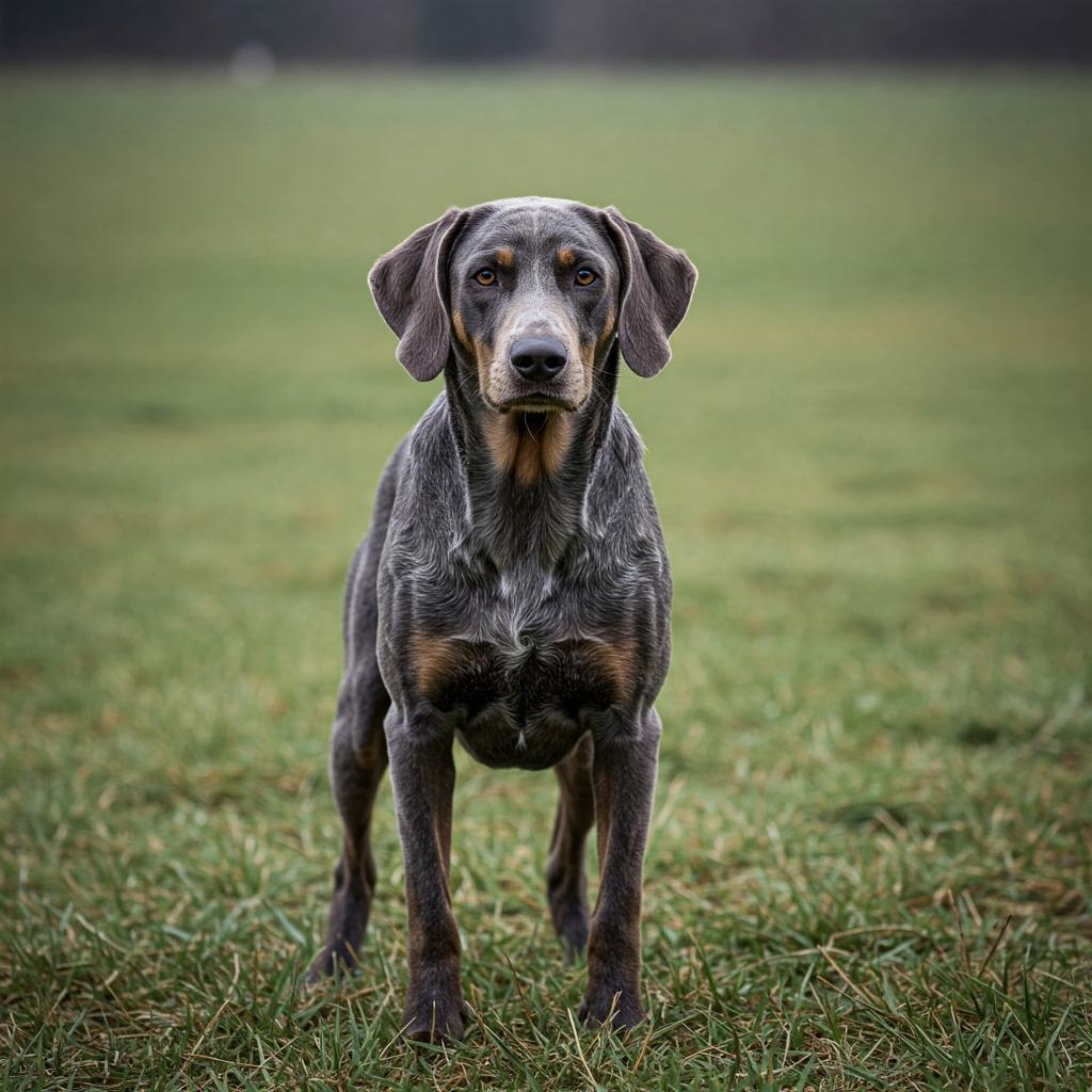 Captured in motion, a Bleu de Gascogne hound displays its athletic build and keen expression in a natural outdoor setting.