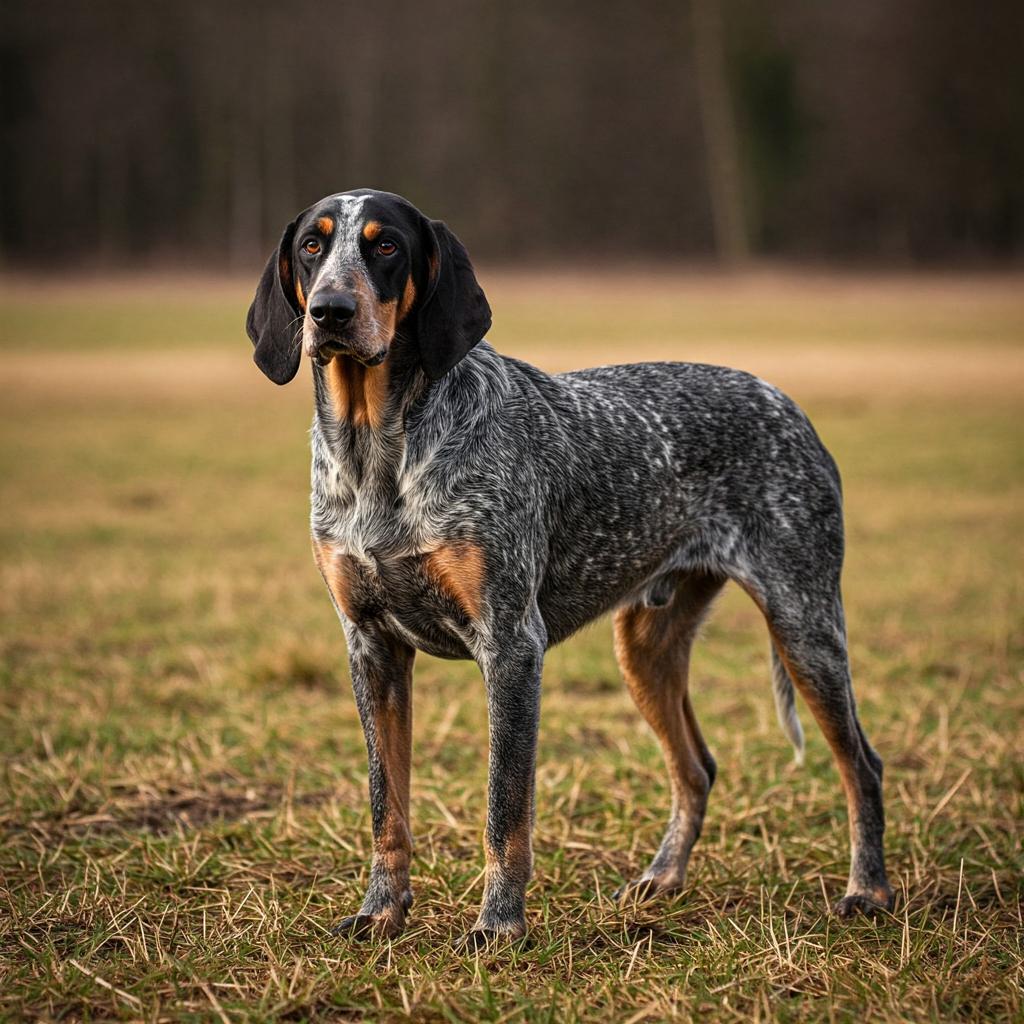With a gentle yet focused gaze, this Bleu de Gascogne exemplifies the breed's characteristic appearance and calm temperament.