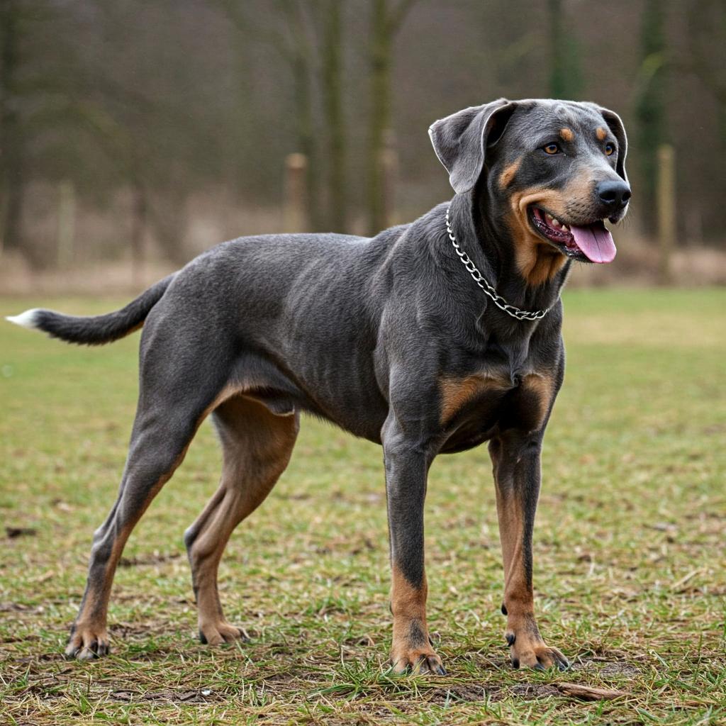 The healthy and vibrant coat of a Bleu de Gascogne shines as it confidently explores its surroundings.