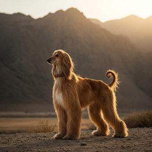A majestic Afghan Greyhound stands against a backdrop of rugged mountains.