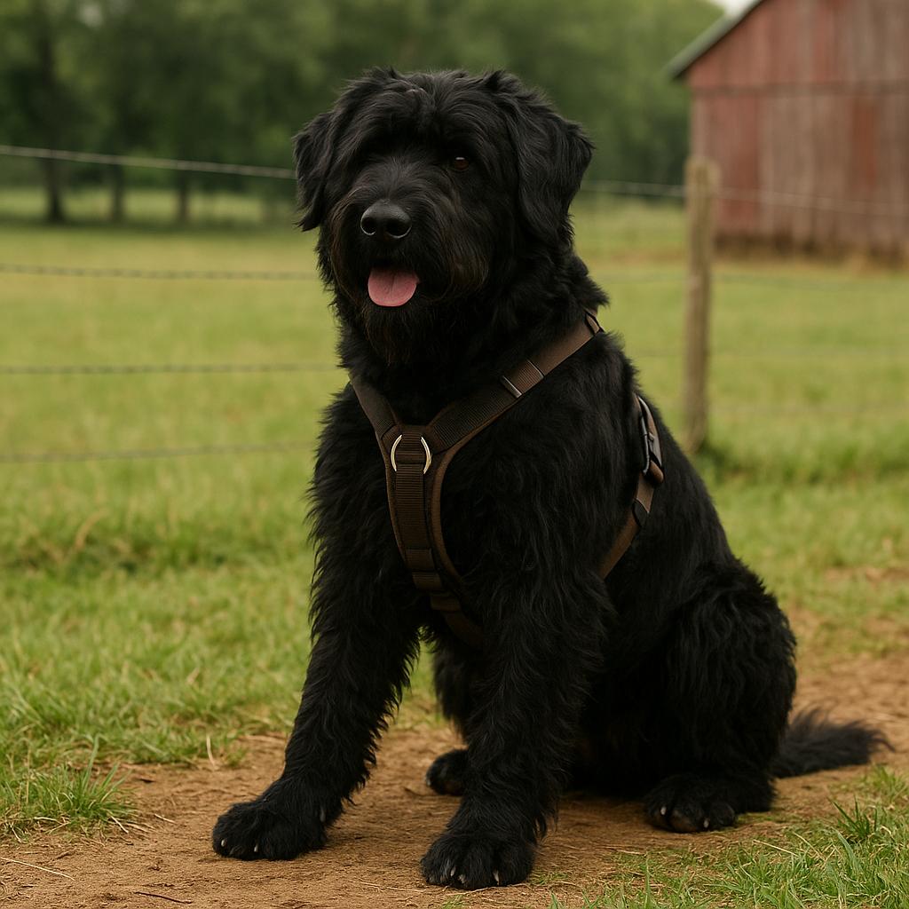 Black farm guardian sitting calmly beside a pasture fence.