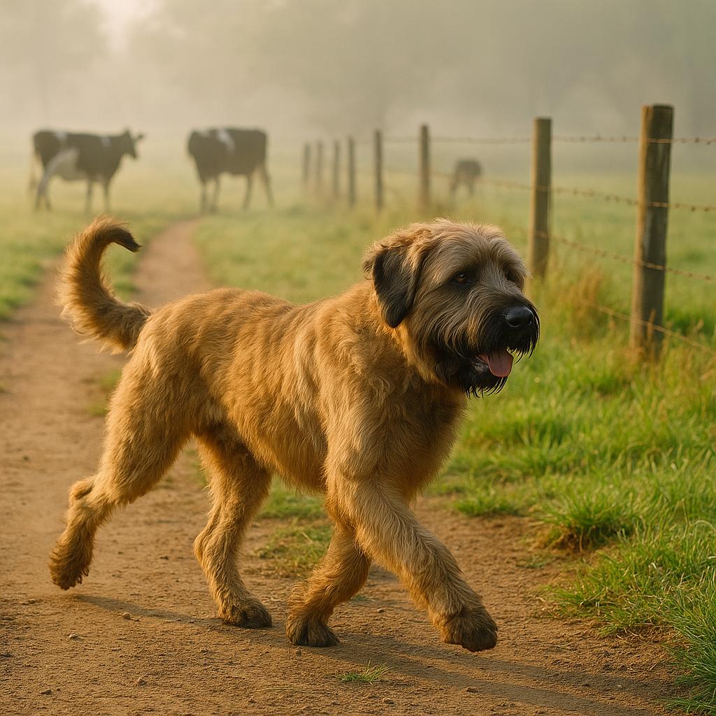 Golden farm dog trotting down a misty dirt lane.