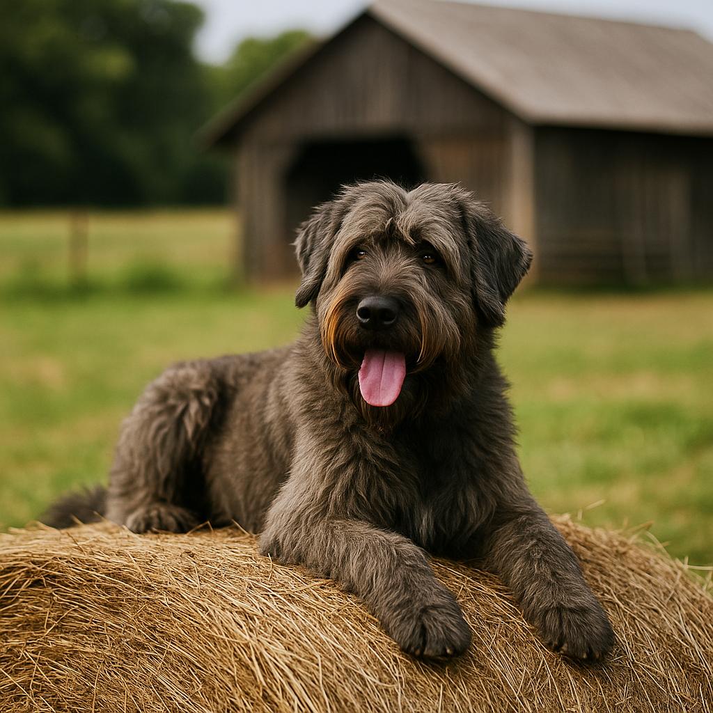 Shaggy farm dog lounging on a hay bale.