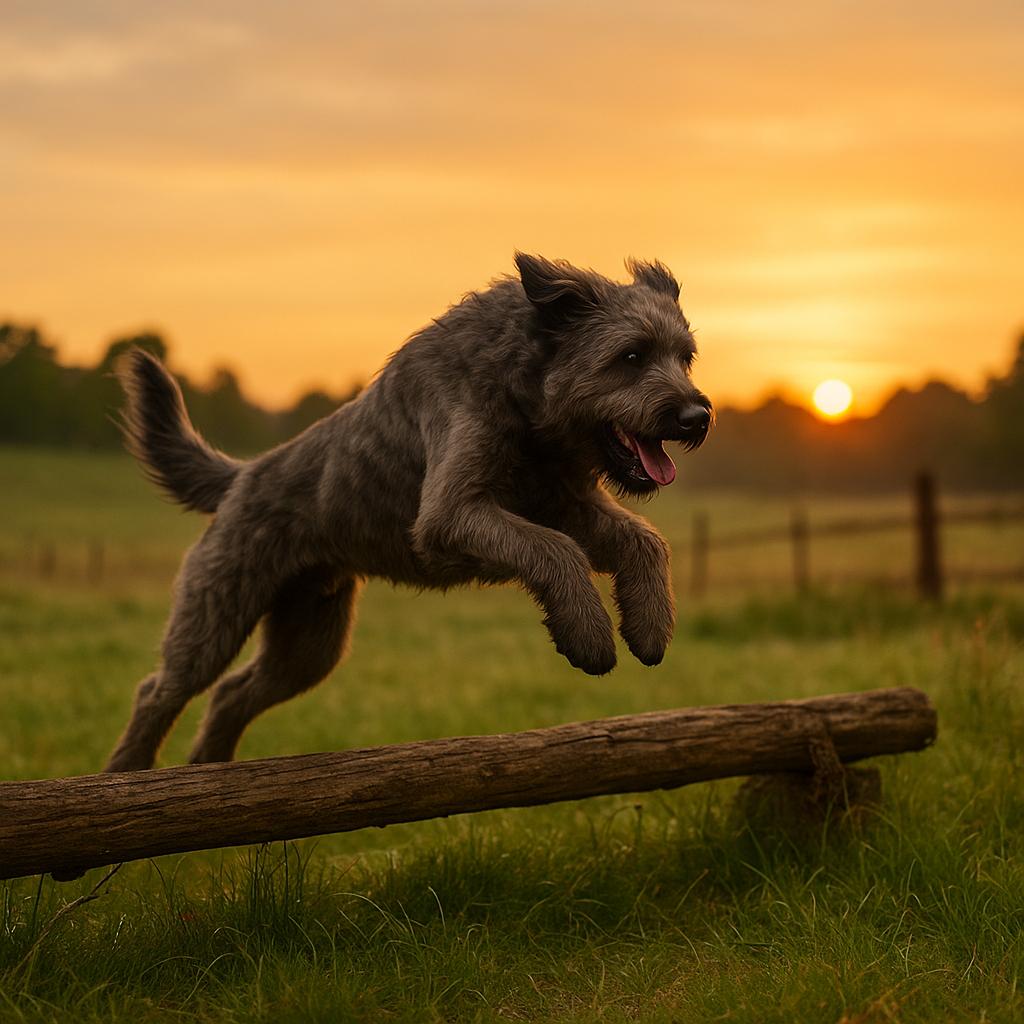 Shaggy herder soaring over a log at sunset.