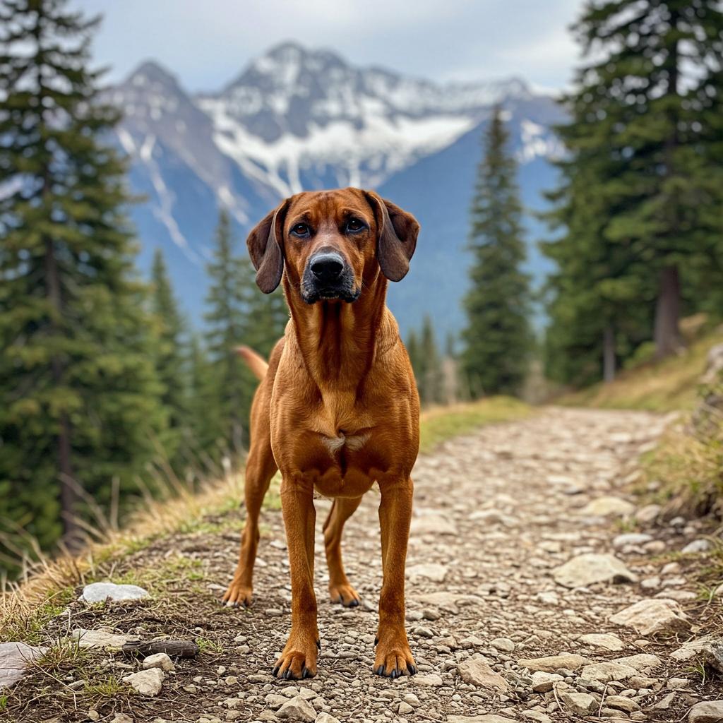 A Bavarian Mountain Scent Hound stands alert on a rugged alpine trail. Its reddish-brown coat highlights a distinctive dark mask on its face. Pine trees and distant mountains provide a natural backdrop under soft daylight.