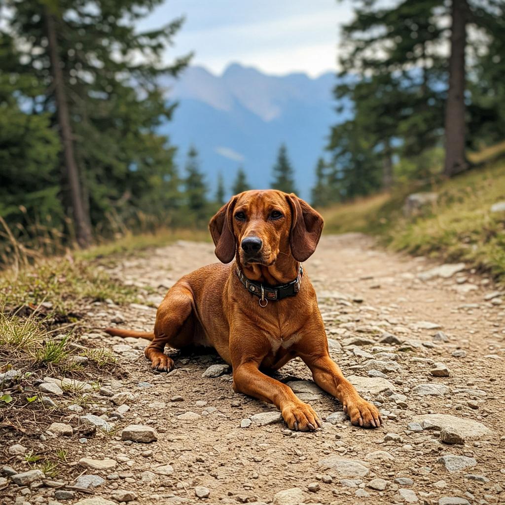 This image captures a Bavarian Mountain Scent Hound at rest on a mountain path. The dog lies in a relaxed yet watchful pose, head slightly turned, against a backdrop of evergreens and far-off peaks. Its dark facial markings stand out against its deer-red fur.