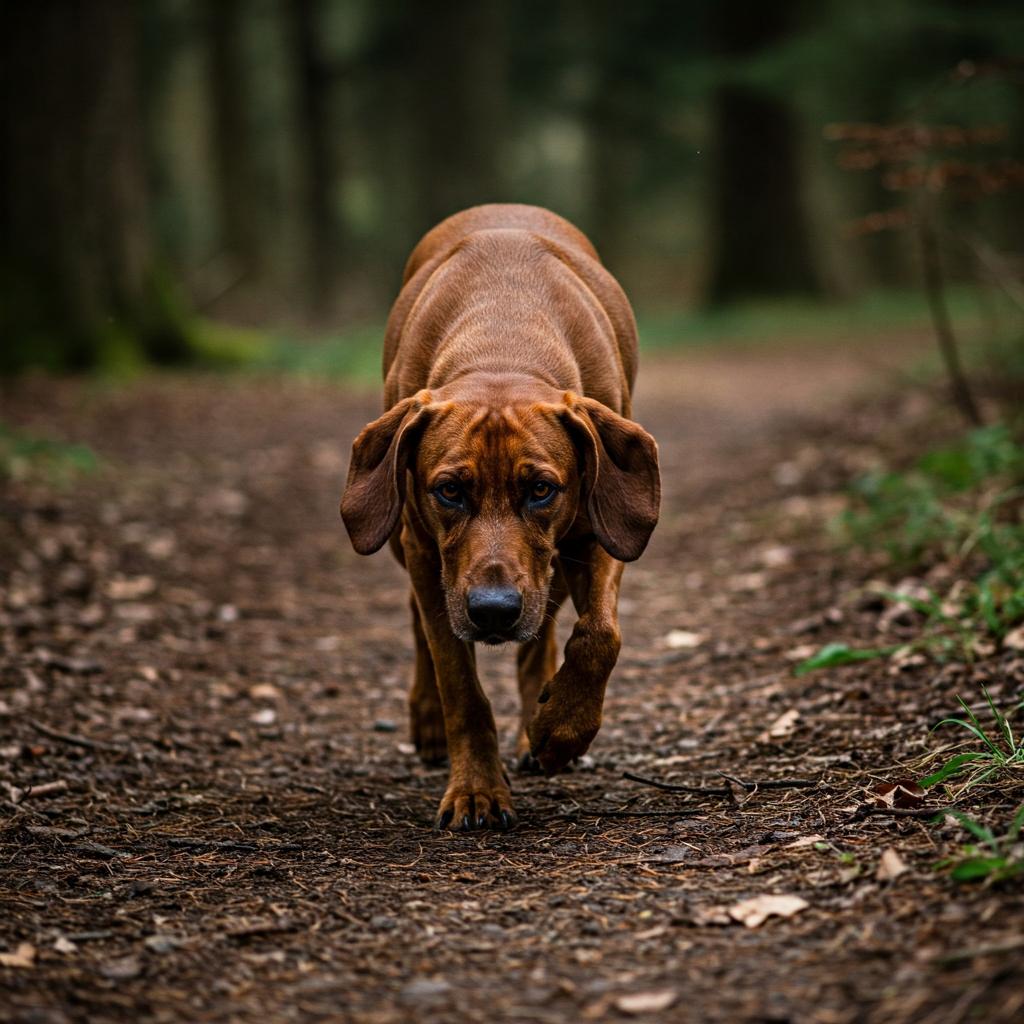 A Bavarian Mountain Scent Hound moves purposefully on a forest trail, nose low to the ground, actively tracking a scent. The dog's dark masked face contrasts sharply with its reddish coat. Moist soil and fallen leaves suggest a recent dampness in the mountain woodland.