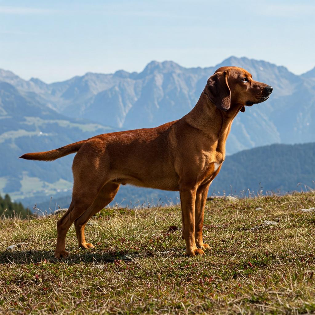 A Bavarian Mountain Scent Hound is shown in a classic show stance, presented from the side. The dog stands poised on a high grassy plateau, showcasing its strong build and dark-masked, reddish coat. Clear skies and distant rocky mountains complete the scenic alpine setting.