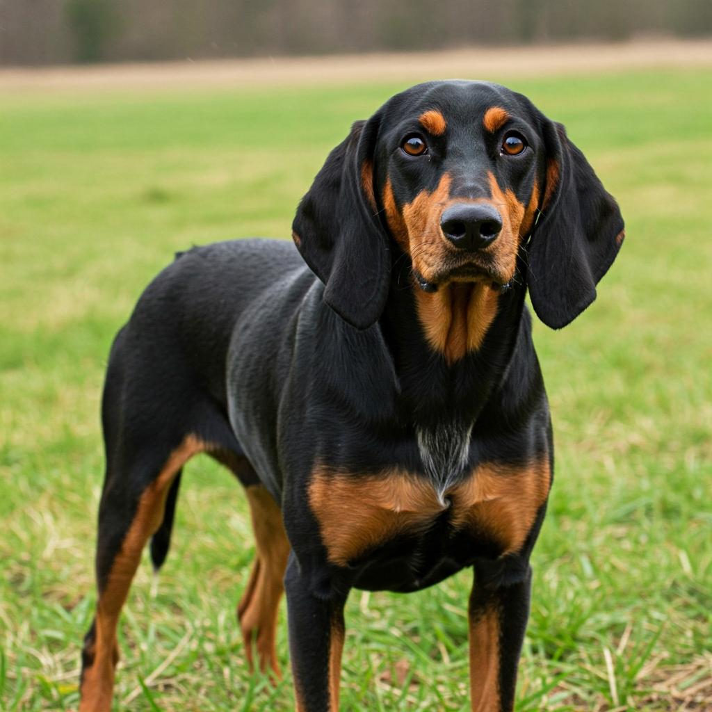 A Black and Tan Coonhound stands alert, with its head held high, in a grassy field.