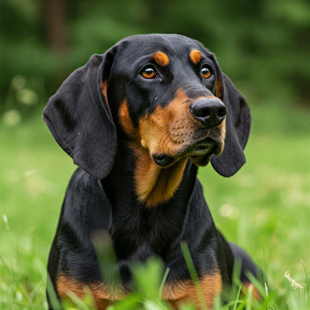 A Black and Tan Coonhound, captured in a moment of quiet contemplation, its expressive brown eyes seeming to hold the wisdom of the woods.