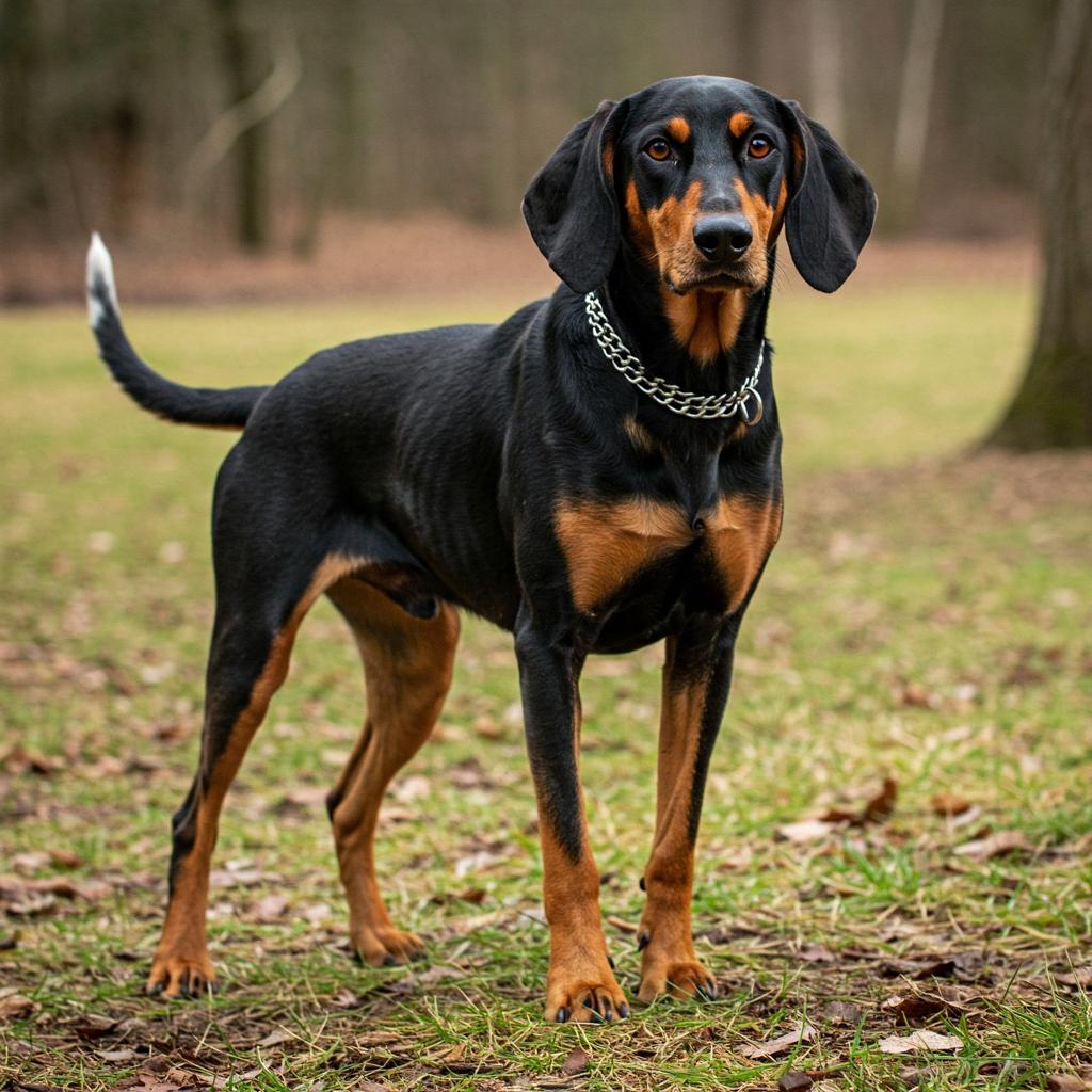 A Black and Tan Coonhound, showcasing its distinctive markings and muscular build, stands proudly in a natural setting.
