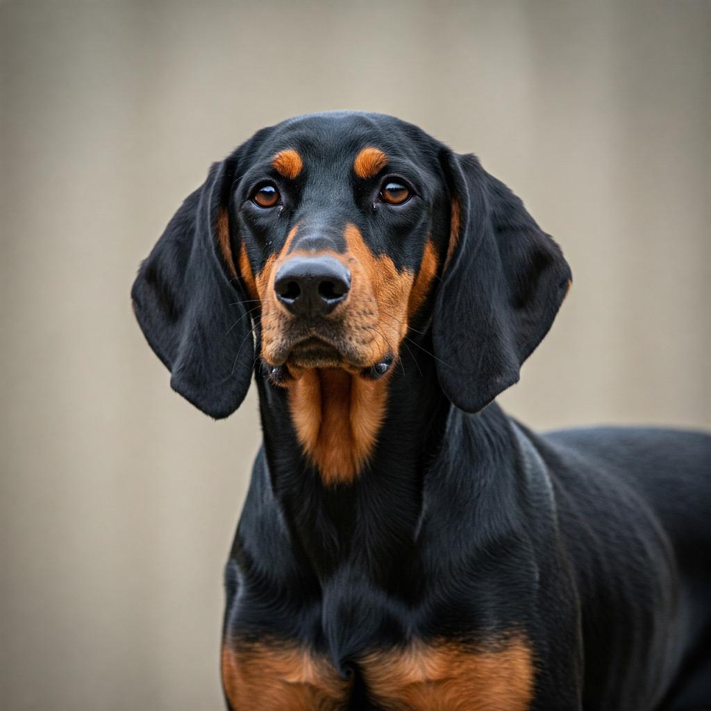 A Black and Tan Coonhound, a breed prized for its strength and agility, is depicted in a pose that suggests health-related duties.