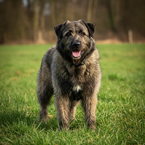 This image portrays a sturdy and powerful Bouvier des Ardennes standing proudly in a lush green field. Its deep brown eyes convey a loyal and protective nature, reflecting the breed's strong work ethic.