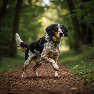 A detailed photograph captures an Anglo-Français de Petite Venerie dog in its natural environment.