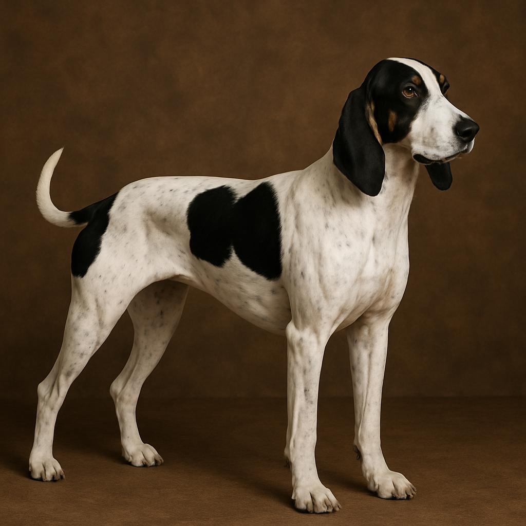 The image features an Ariegeois dog standing in profile against a warm, textured brown background. Its sleek white coat, marked with bold black patches and subtle ticking, is complemented by long, drooping ears and an alert, noble expression that highlights the breed’s elegance and agility.