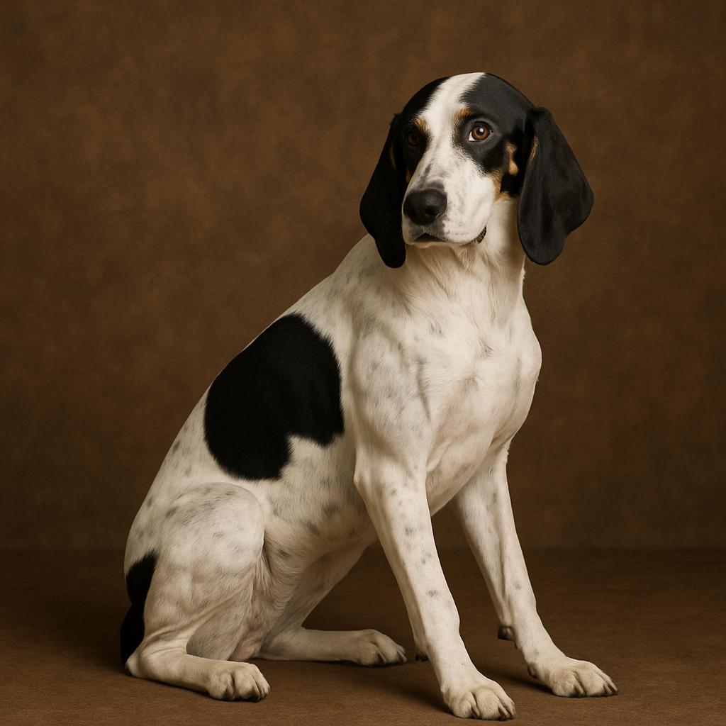 Ariegeois dog seated calmly with a watchful, composed expression that reflects its intelligent and gentle temperament.