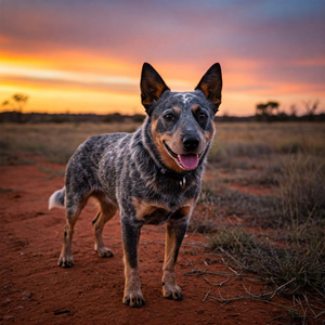 The image shows a medium-sized, adult Australian Cattle Dog with a compact and muscular build. Its short, dense coat displays the breed's characteristic blue mottled or blue speckled pattern. The dog has erect, triangular ears set well apart and dark, attentive eyes that convey intelligence and alertness. It stands in a vigilant and confident posture within a semi-arid Australian outback landscape, featuring low bushes and reddish soil, under the warm light of a sunset. The overall appearance captures the distinctive traits of the Australian Cattle Dog breed, known for its endurance, agility, and determination.